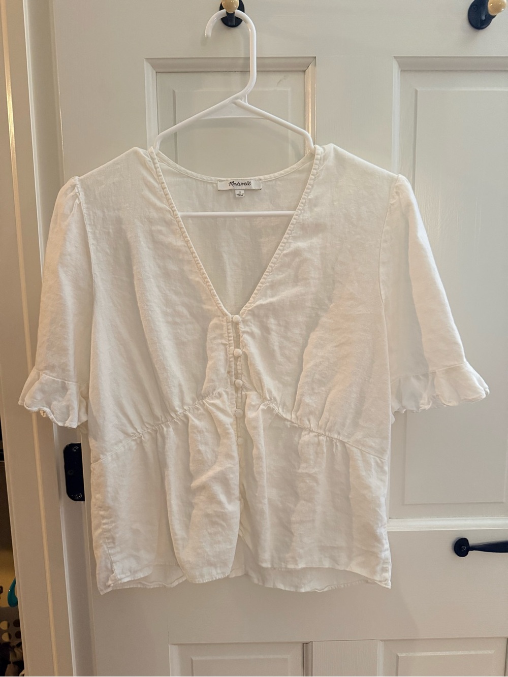 Madewell Cream V-Neck Button-Front Ruffle Sleeve Blouse